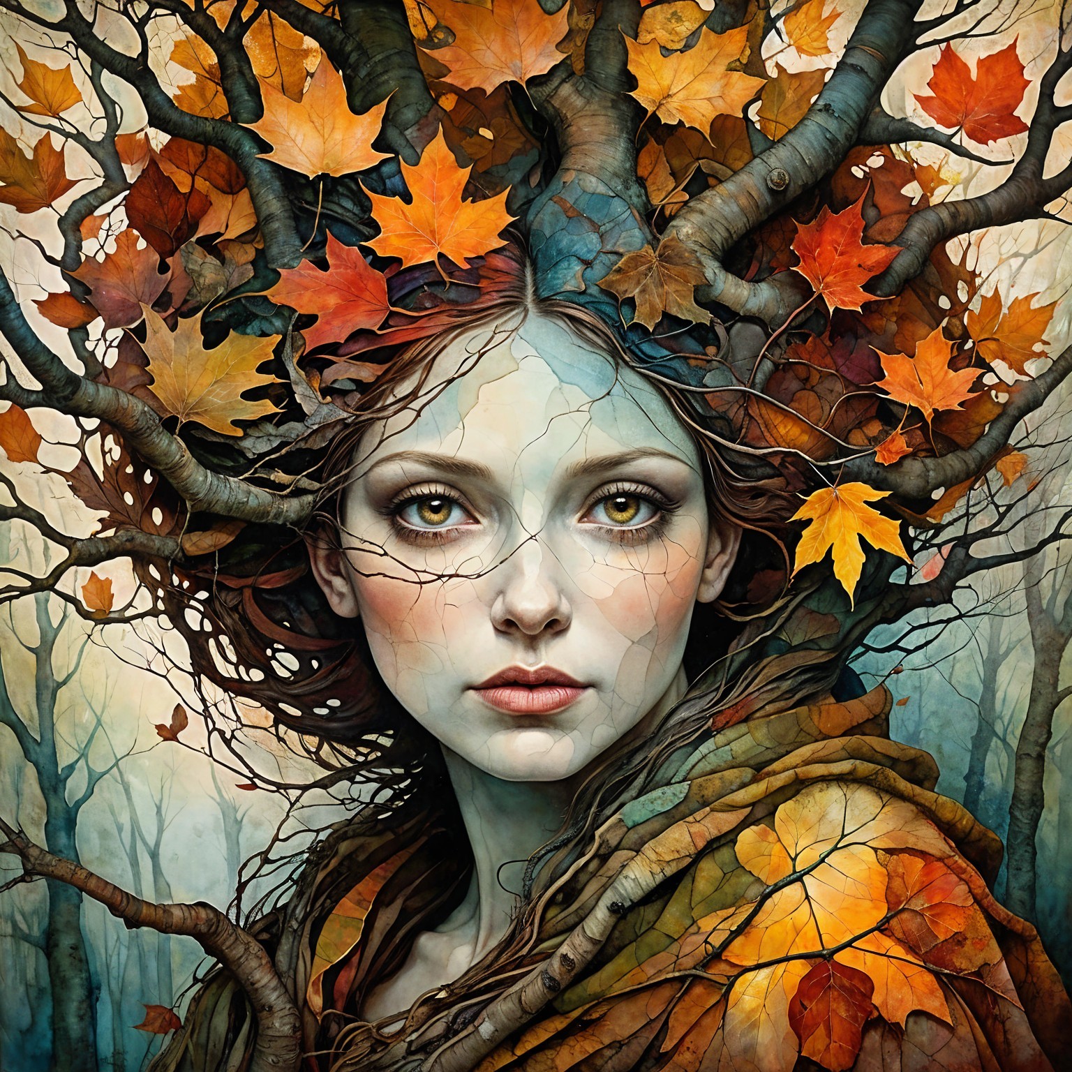 Mystical Woman in Enchanted Autumn Forest Scene