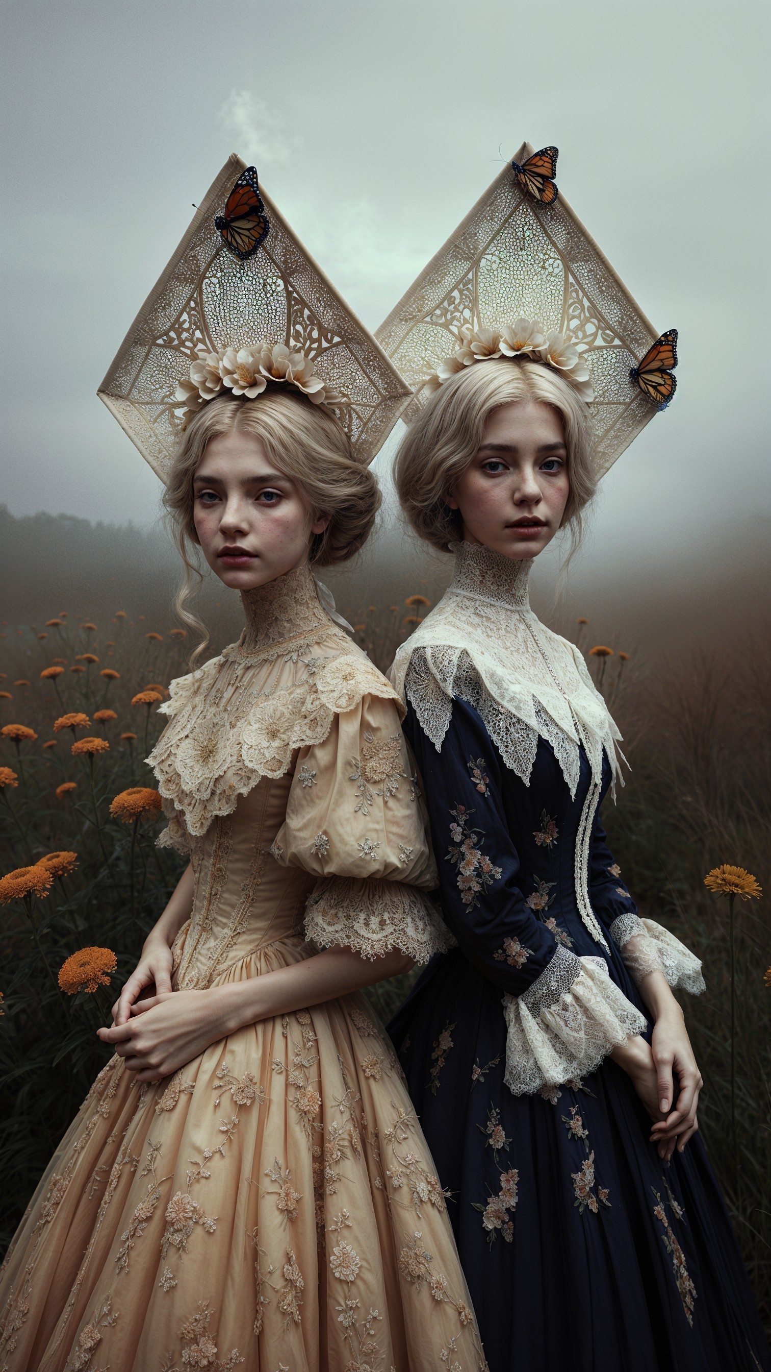 Elegant Young Women in Misty Field with Gowns