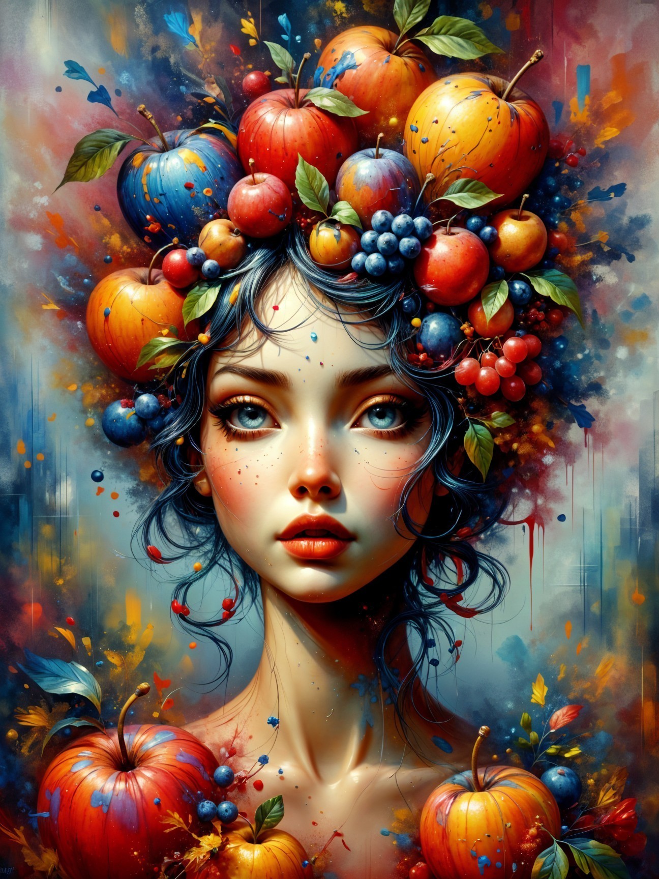Portrait of a woman with a fruit crown and vivid colors