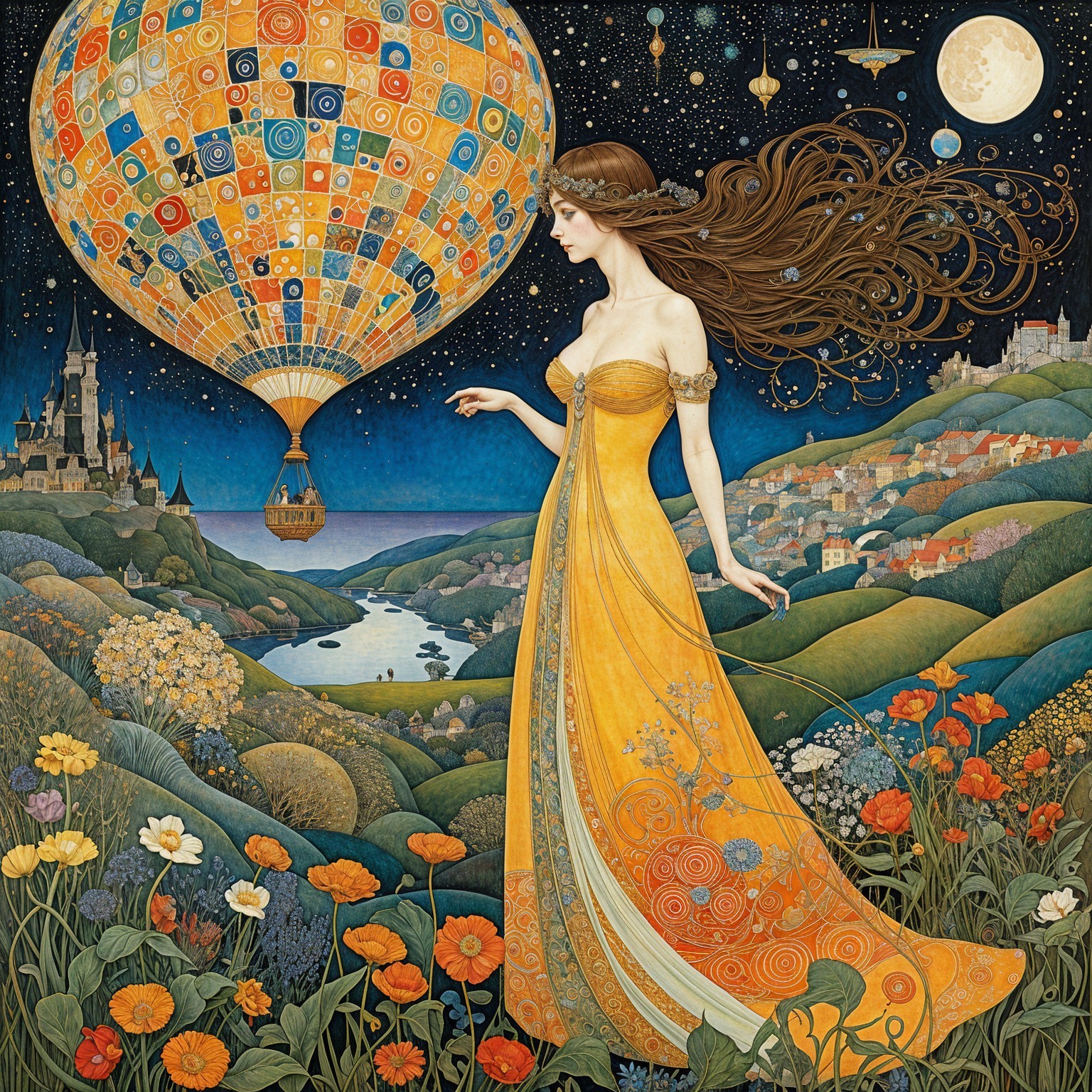 Mystical Scene with Woman in Yellow Gown and Balloons