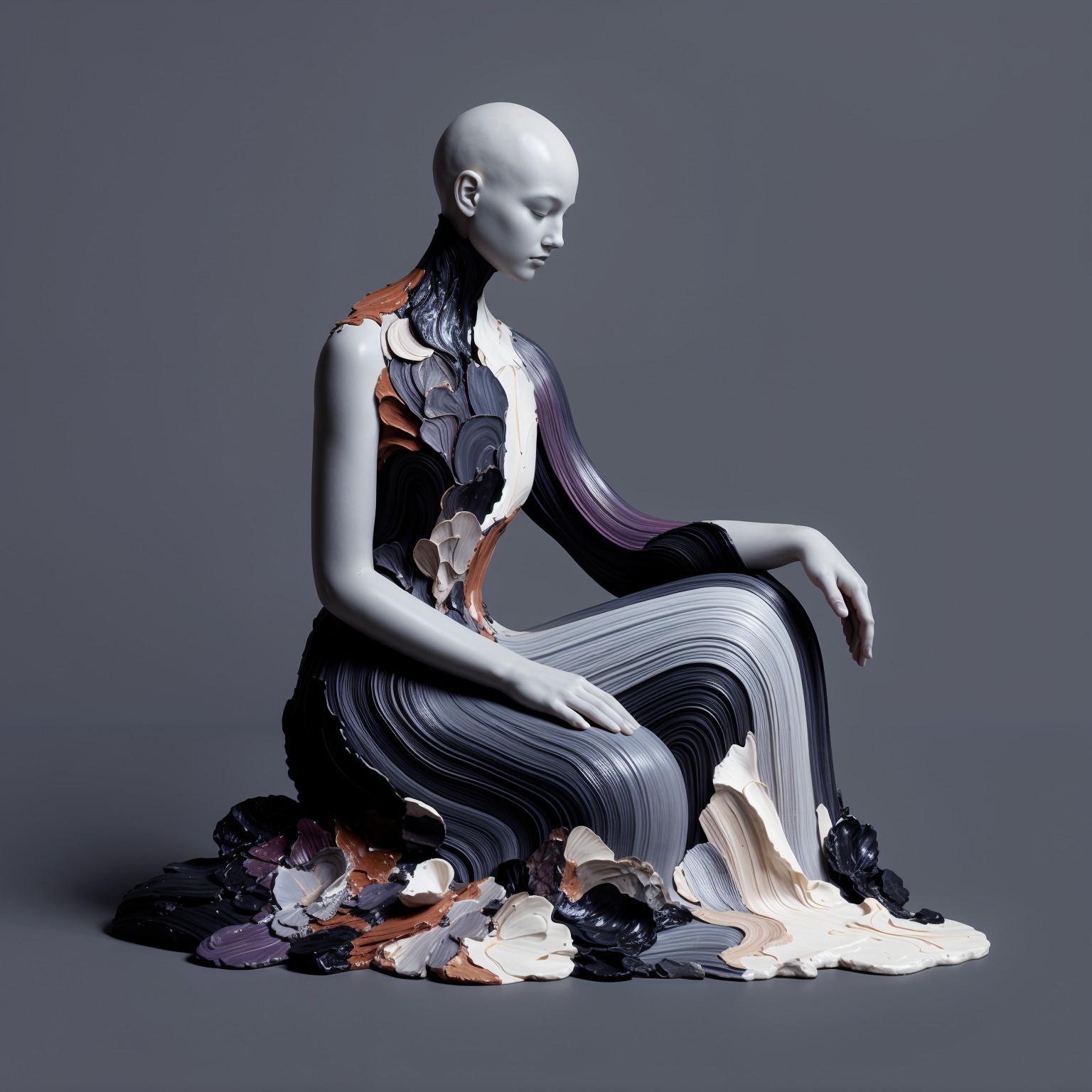 Abstract Figure in Contemplative Pose with Colorful Layers