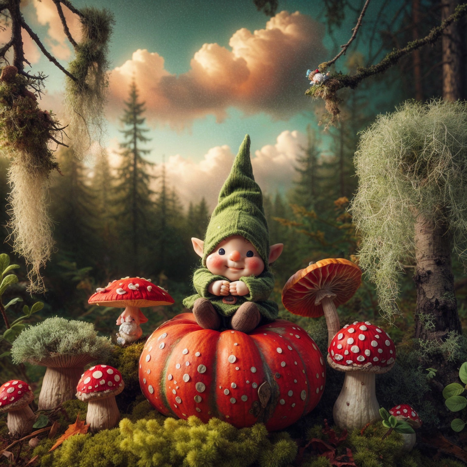Whimsical Gnome on Pumpkin in Lush Forest Scene
