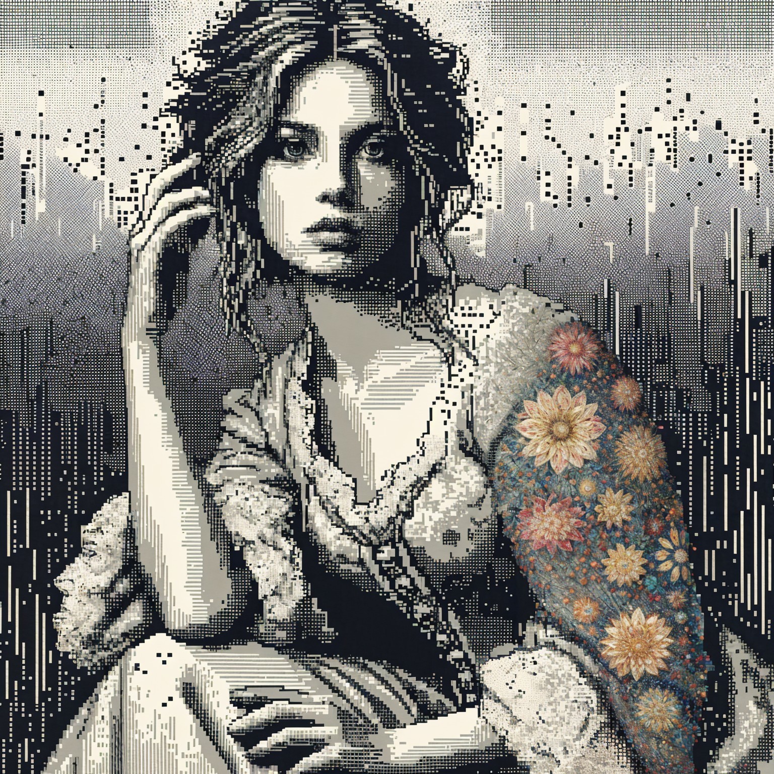 Pixel Art of Young Woman in Floral Shawl and Shadows
