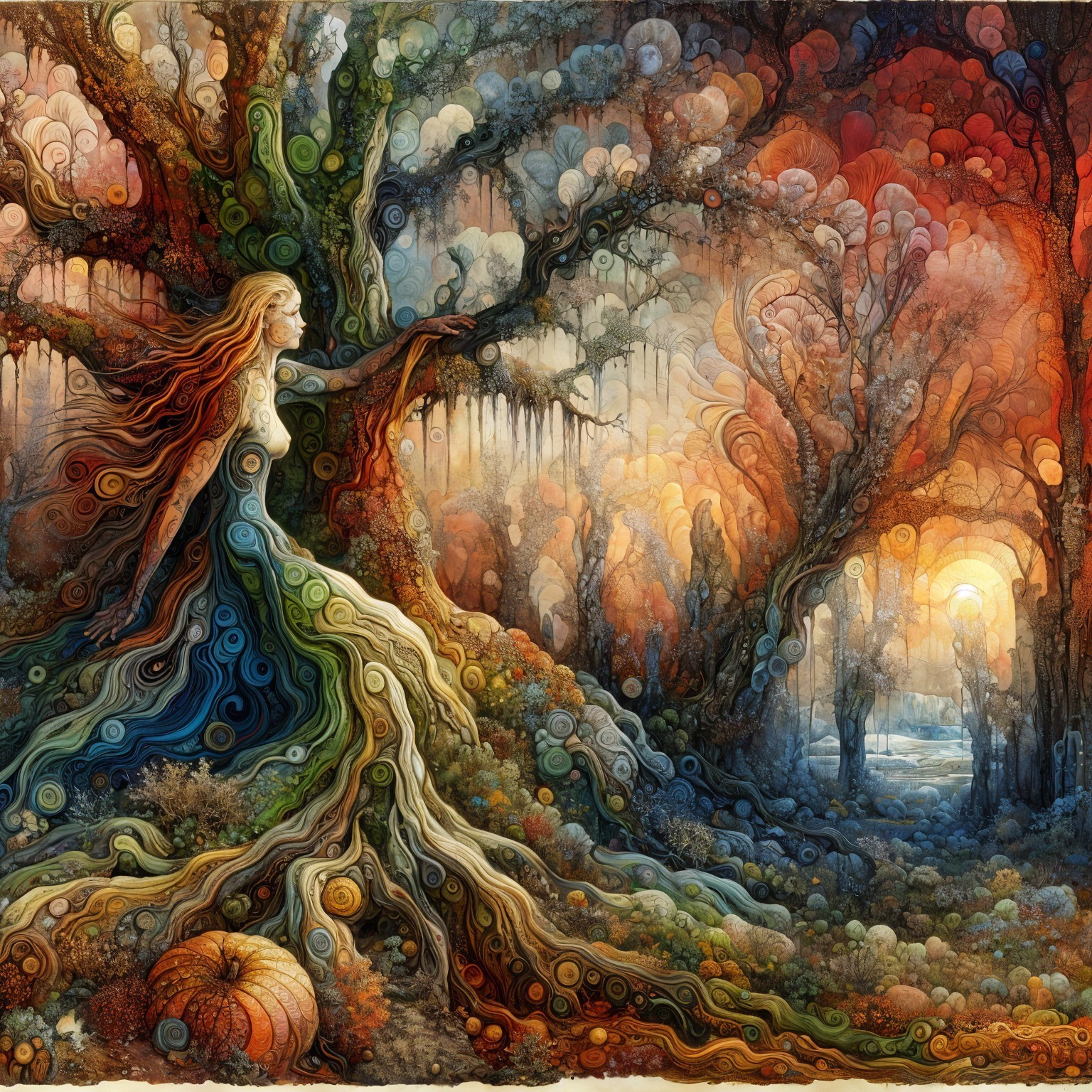 Whimsical Landscape with Serene Figure and Ancient Tree
