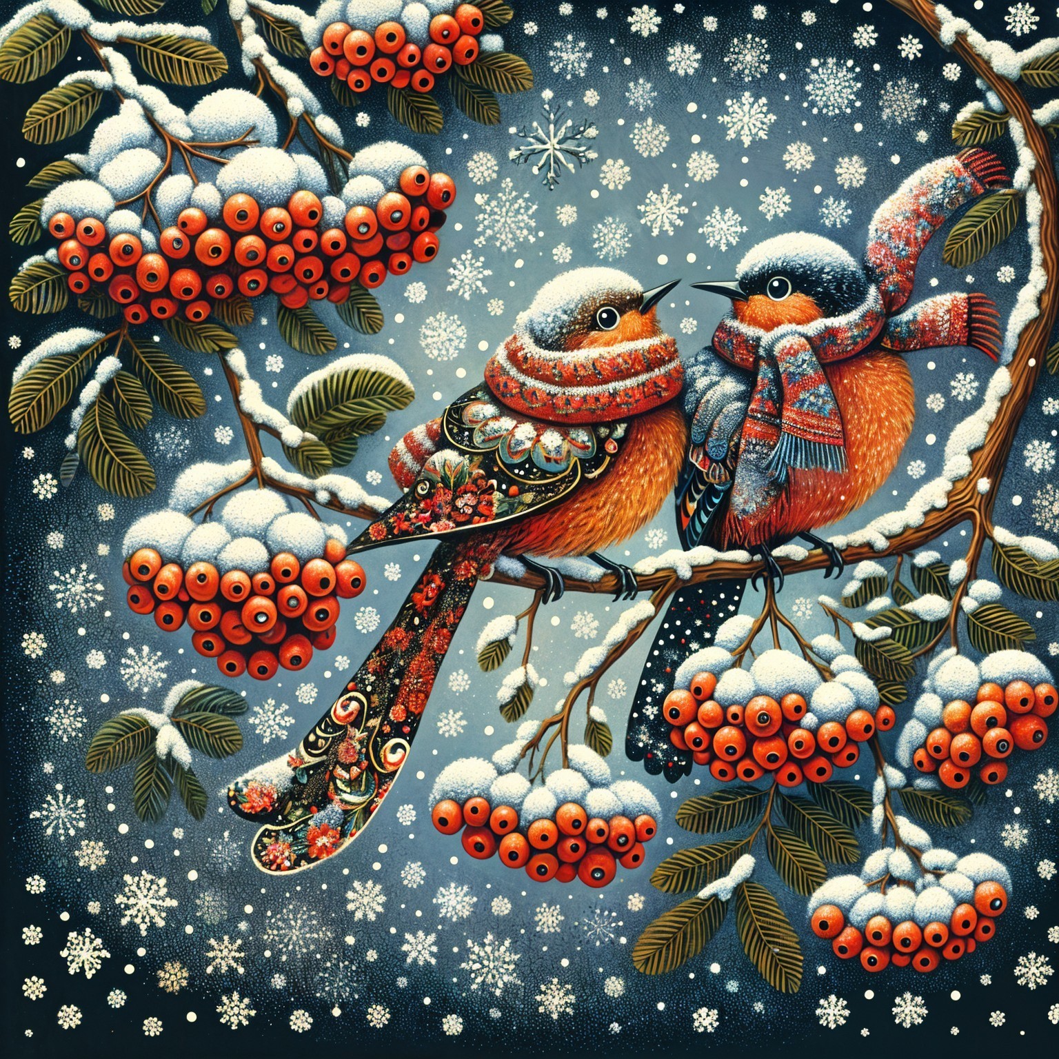 Illustration of Birds on Snowy Branch in Winter Scene