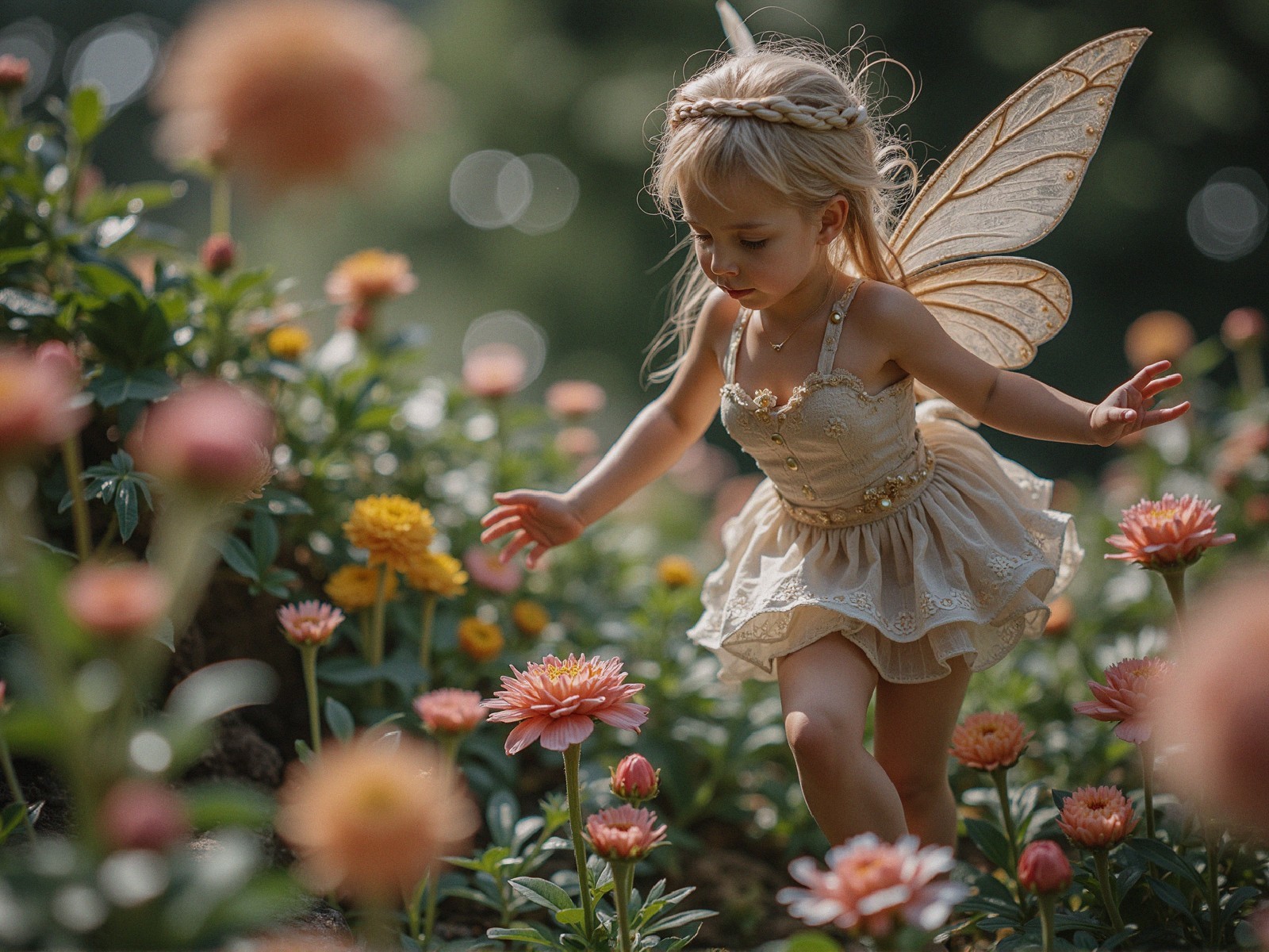 Young girl with fairy wings dances in sunlit garden