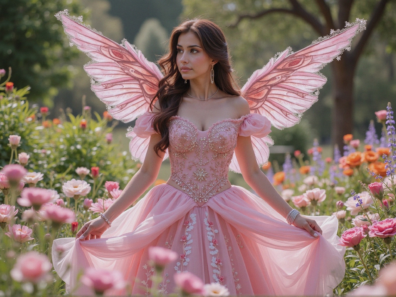 Woman in pink gown with fairy wings in flower garden