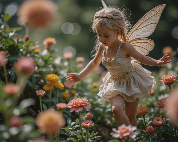 Young girl with fairy wings dances in sunlit garden