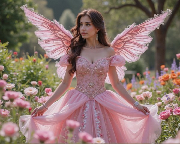Woman in pink gown with fairy wings in flower garden