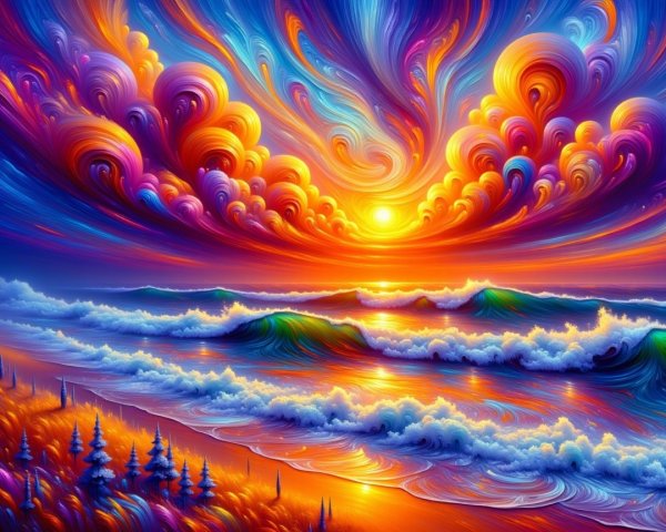 Vibrant Sunset Over Tranquil Coastal Beach Scene