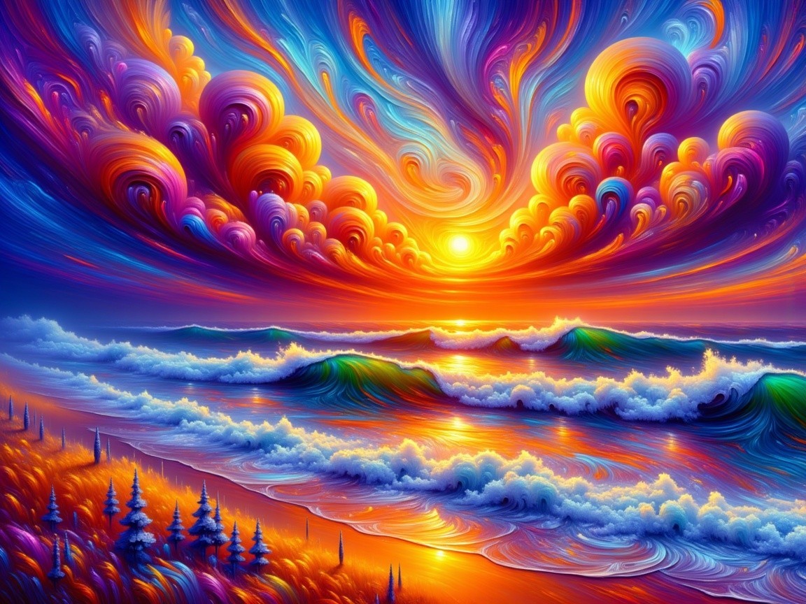Vibrant Sunset Over Tranquil Coastal Beach Scene