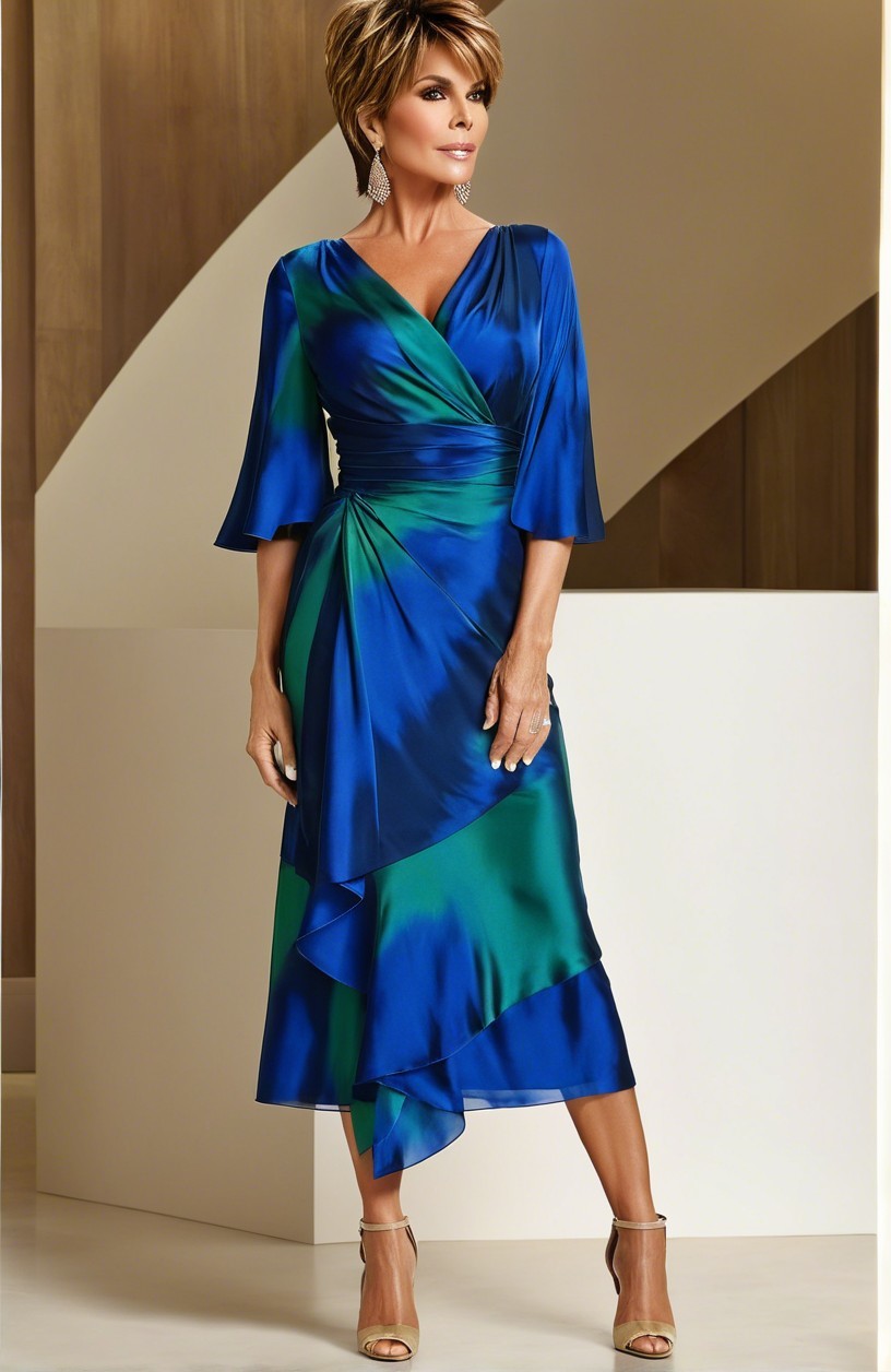 Vibrant Dress in Blue and Green with Bell Sleeves