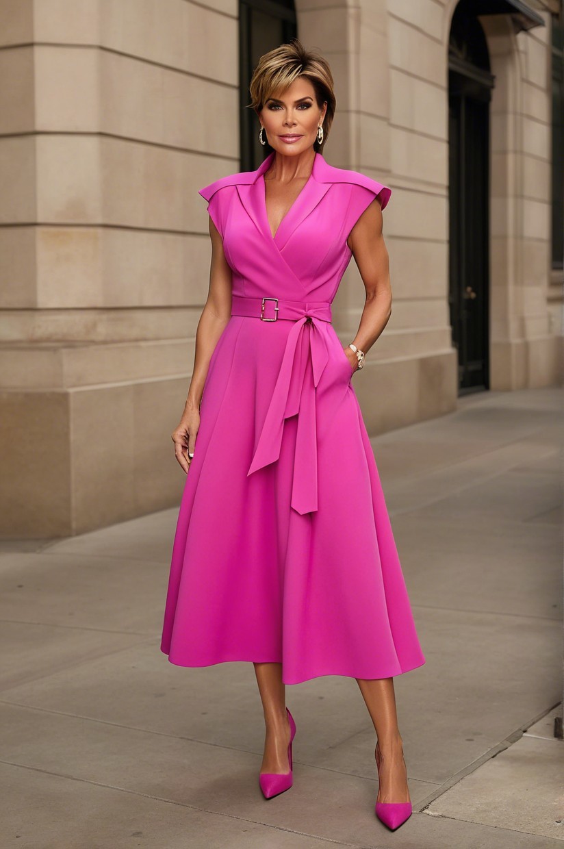 Stylish Woman in Pink Dress on City Street