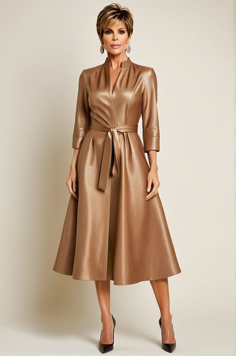 Elegant Woman in Brown Wrap Dress with Heels