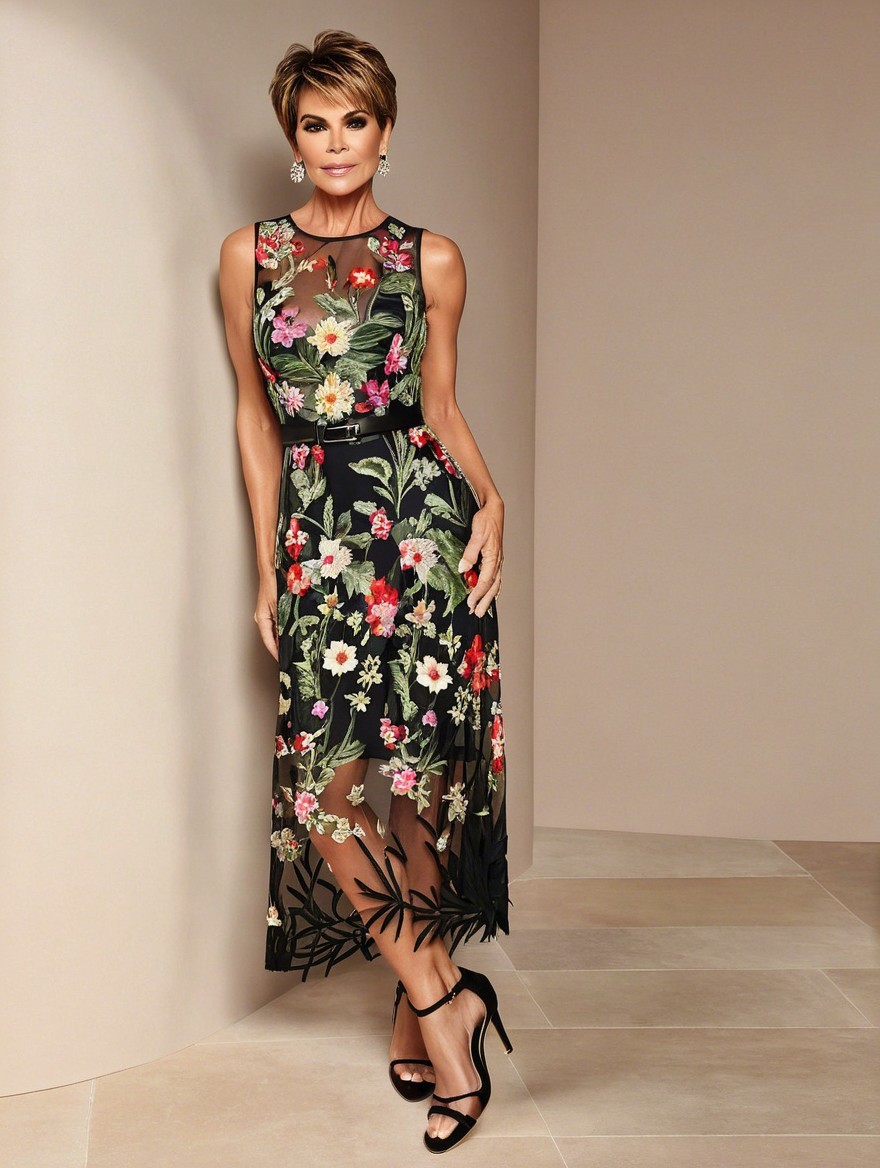 Elegant Woman in Black Dress with Floral Embroidery