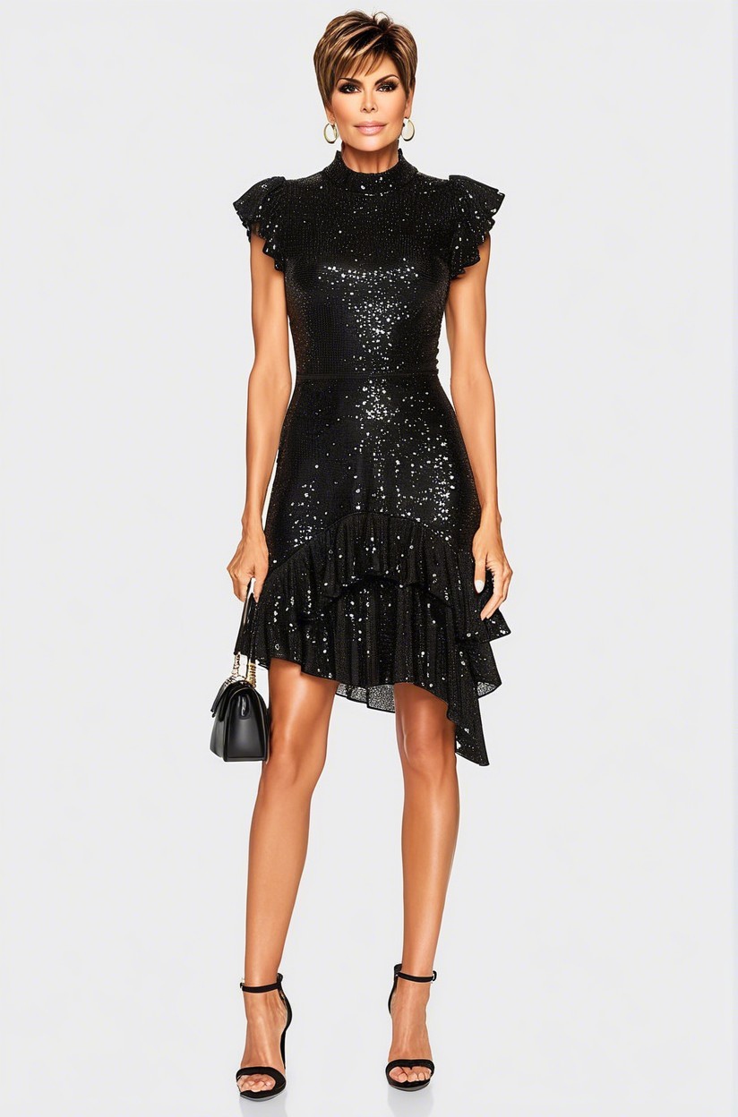 Chic Black Sequined Dress with Flutter Sleeves and Ruffles