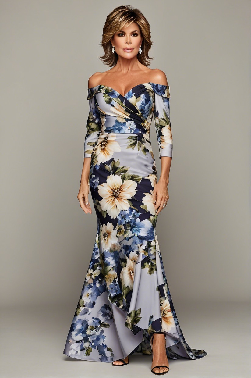 Elegant Off-the-Shoulder Floral Gown Description