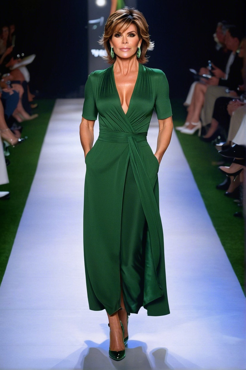 Elegant Deep Green Wrap Dress on Runway Model