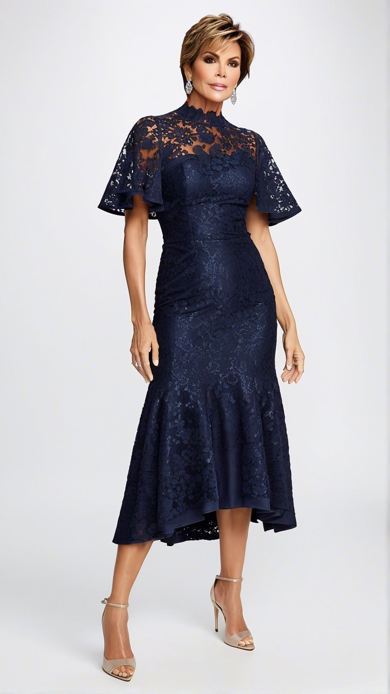 Navy Blue Dress with Lace Details and Flared Sleeves