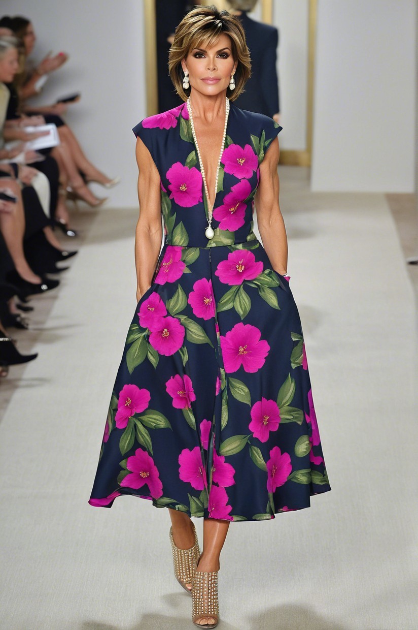 Vibrant Floral Dress with Bold Pink Flowers on Runway
