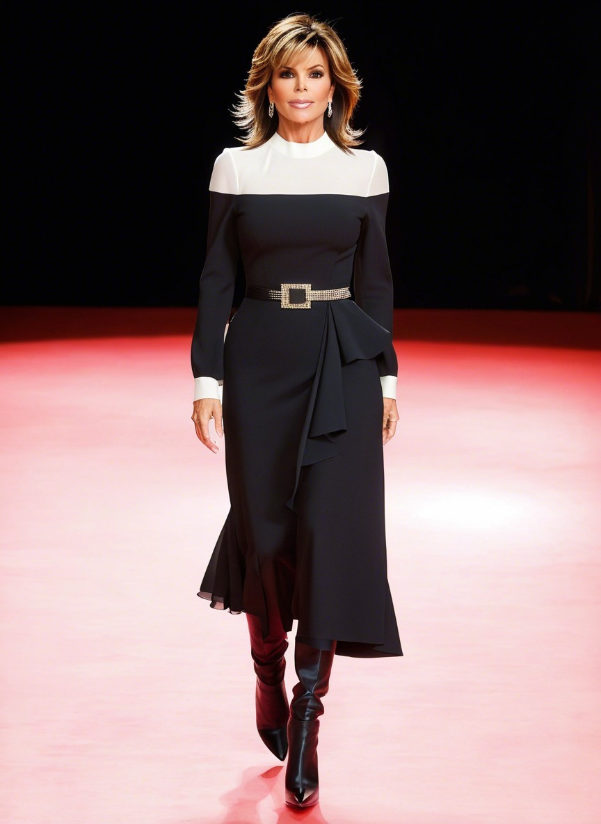 Black Dress with White Accents on Vibrant Runway