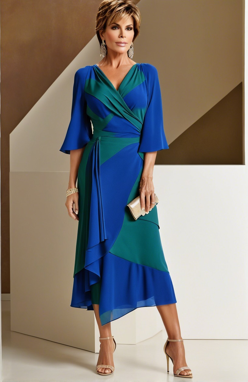Elegant Color-Blocked Dress in Blue and Green Shades