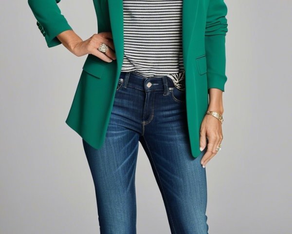 Stylish Woman in Green Blazer and Blue Jeans Outfit