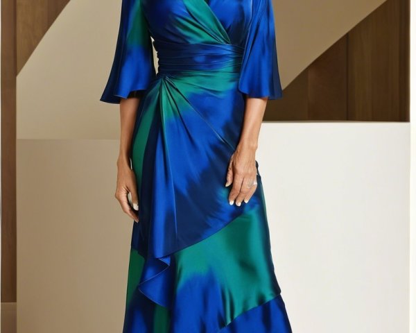 Vibrant Dress in Blue and Green with Bell Sleeves