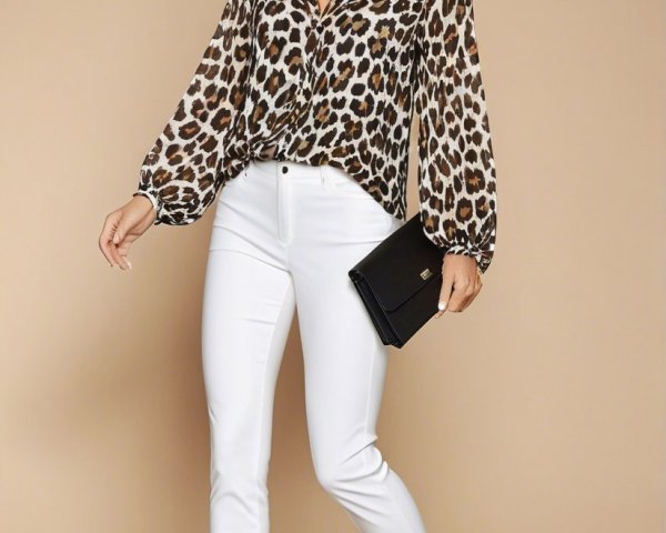 Stylish Woman in Leopard Print Blouse and White Trousers