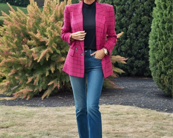 Stylish Outdoor Fashion with Pink Blazer and Jeans