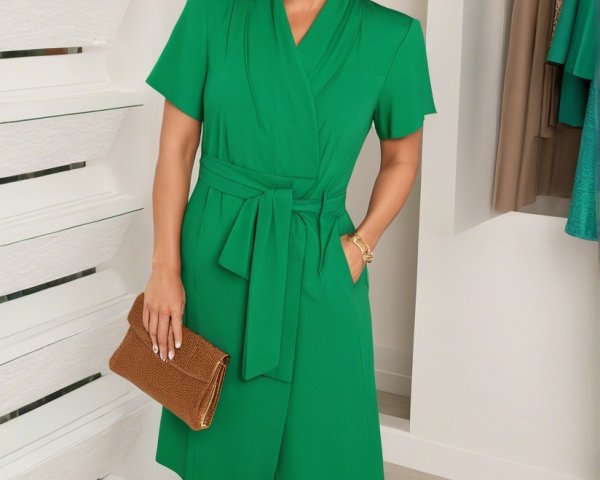 Confident Woman in Vibrant Green Wrap Dress