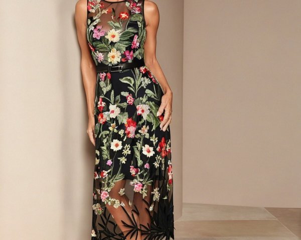 Elegant Woman in Black Dress with Floral Embroidery