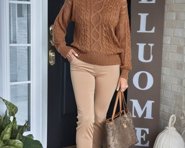 Stylish woman at a welcoming entrance in cozy attire