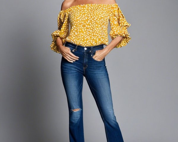 Confident Woman in Yellow Polka Dot Top and Jeans