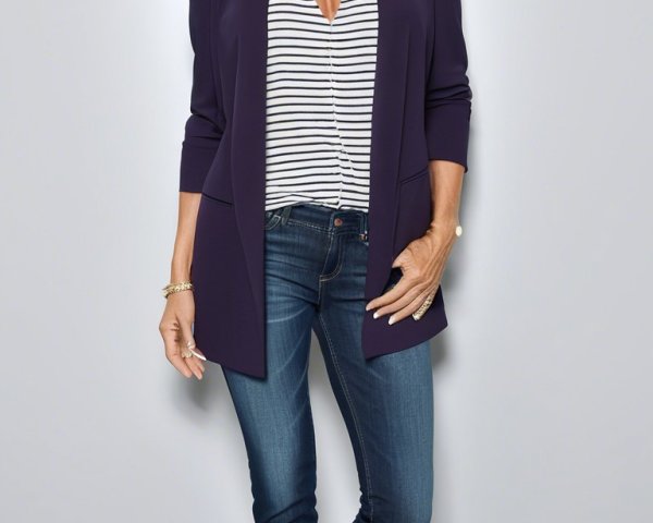 Stylish Woman in Purple Blazer and Dark Jeans Outfit