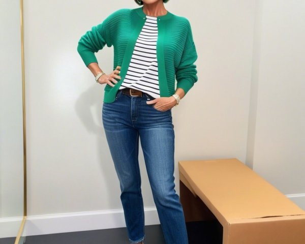 Stylish Woman in Modern Dressing Room Outfit Description