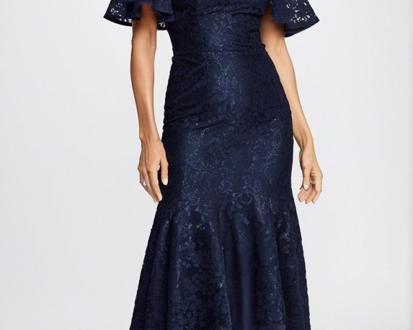 Navy Blue Dress with Lace Details and Flared Sleeves