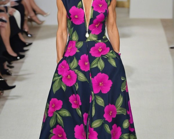 Vibrant Floral Dress with Bold Pink Flowers on Runway