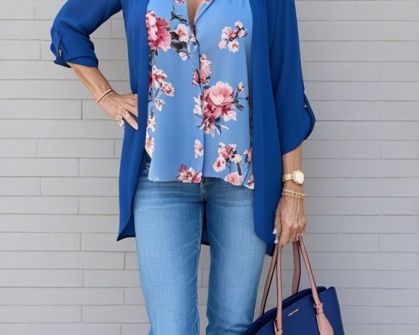 Stylish Woman in Blue Blouse and Floral Shirt Outfit