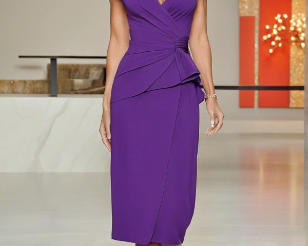 Elegant Woman in Purple Midi Dress with Puffed Sleeves