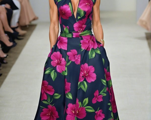 Navy Floral Dress with V-Neckline and Cap Sleeves