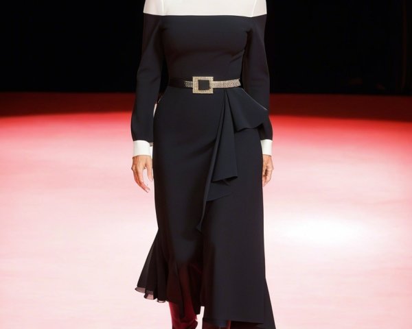 Black Dress with White Accents on Vibrant Runway