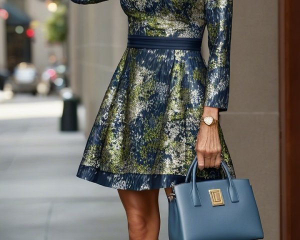 Stylish Woman in Floral Dress with City Backdrop