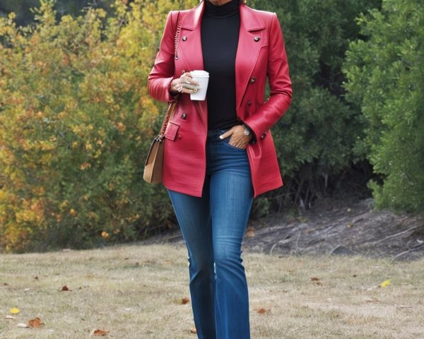 Stylish Individual in Bold Red Coat Amidst Autumn Scenery