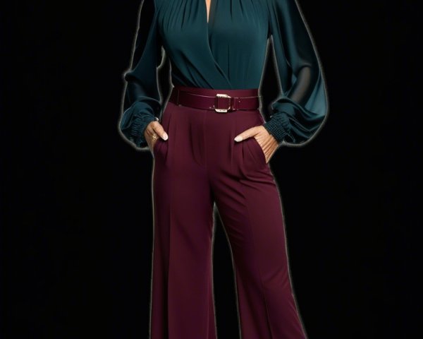Stylish Outfit Featuring Deep Teal Blouse and Maroon Trousers