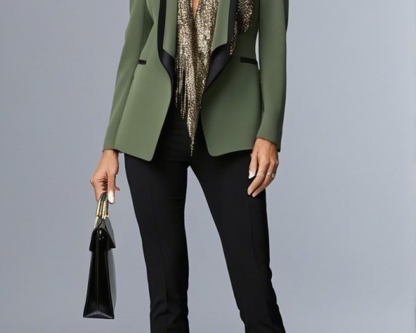Stylish Woman in Olive Green Blazer and Black Pants