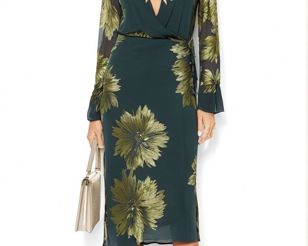 Stylish Woman in Deep Green Floral Dress and Accessories