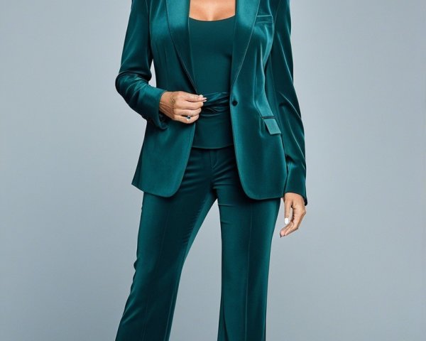 Confident Woman in Stylish Teal Suit with Heels