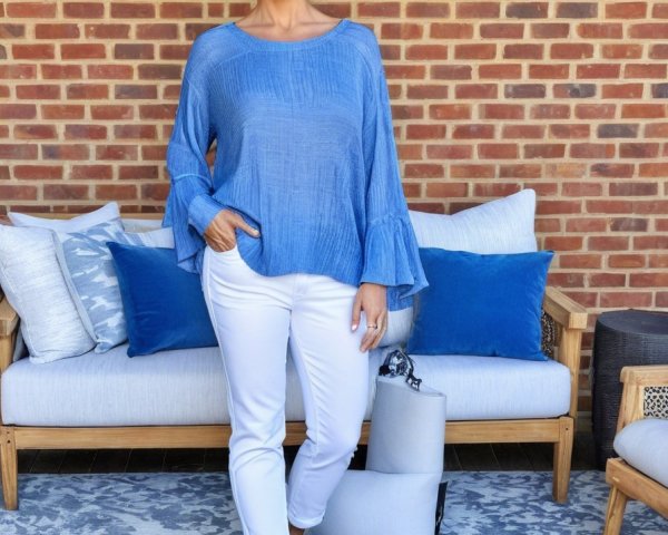 Stylish Woman in Cozy Outdoor Setting with Blue Accents