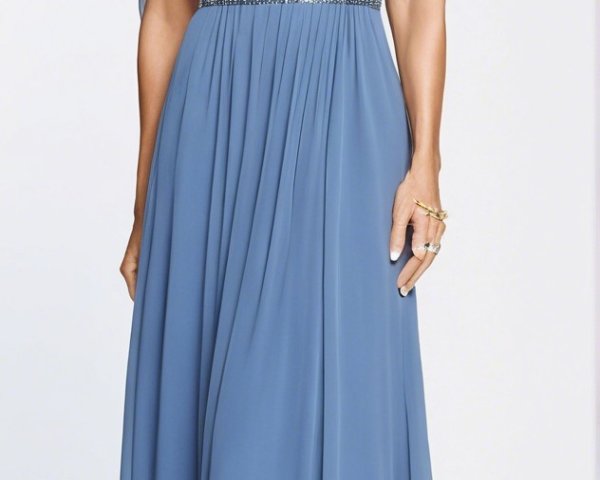 Elegant Woman in Light Blue Gown with Sheer Sleeves